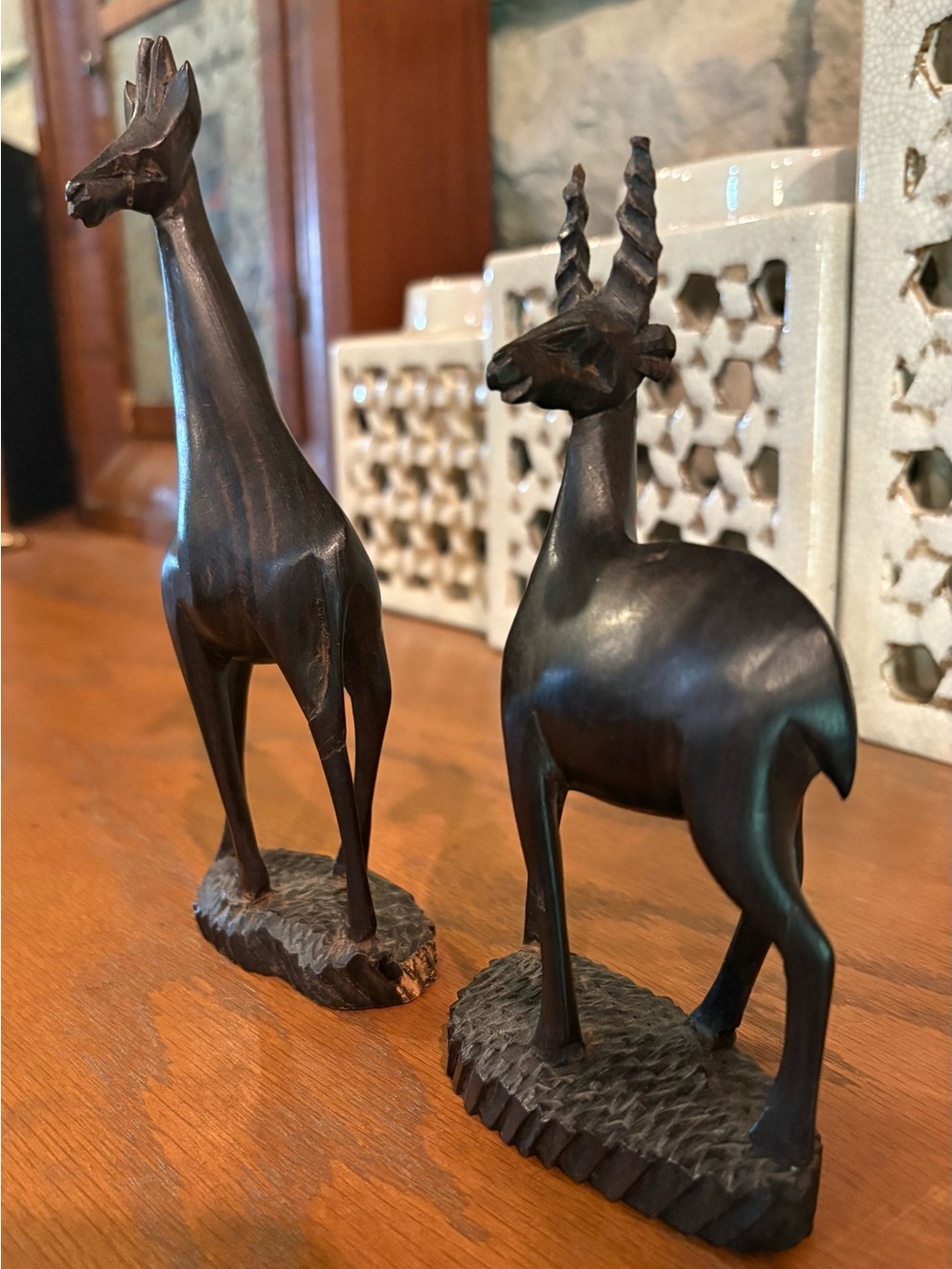 Vintage South-African Hand-carved Dark Brown Wooden Antelope Figurine - Set of 2